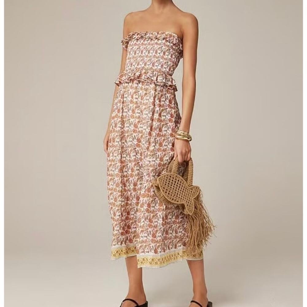 J. Crew Strapless Floral Midi Dress in Pink and Cream